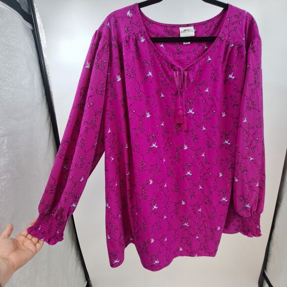 Ava & Viv Blouse Plus 4X Leaf Bird Print Tassel Tie Neck Long Sleeve Fuchsia - Picture 3 of 6